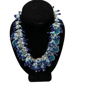 Handmade Multicolor Beaded Necklace With Blue Teal Glass Drops Silver Chain 20"